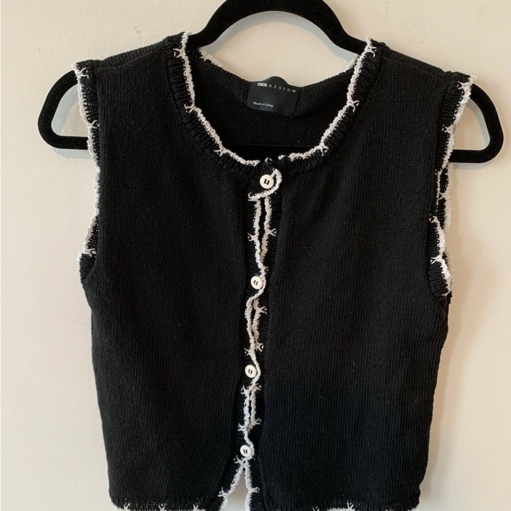 ASOS Design Black Sleeveless Knit Top with White lettuce curl Trim small NWOT